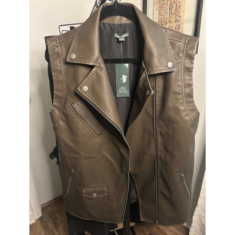 Wild Fable Mens Faux Leather Moto Vest Olive Brown Biker Jacket Asymmetrical Zip